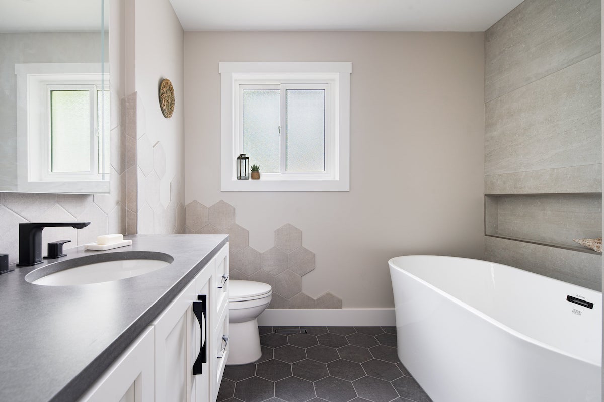 maple ridge bathroom remodel hex tiles