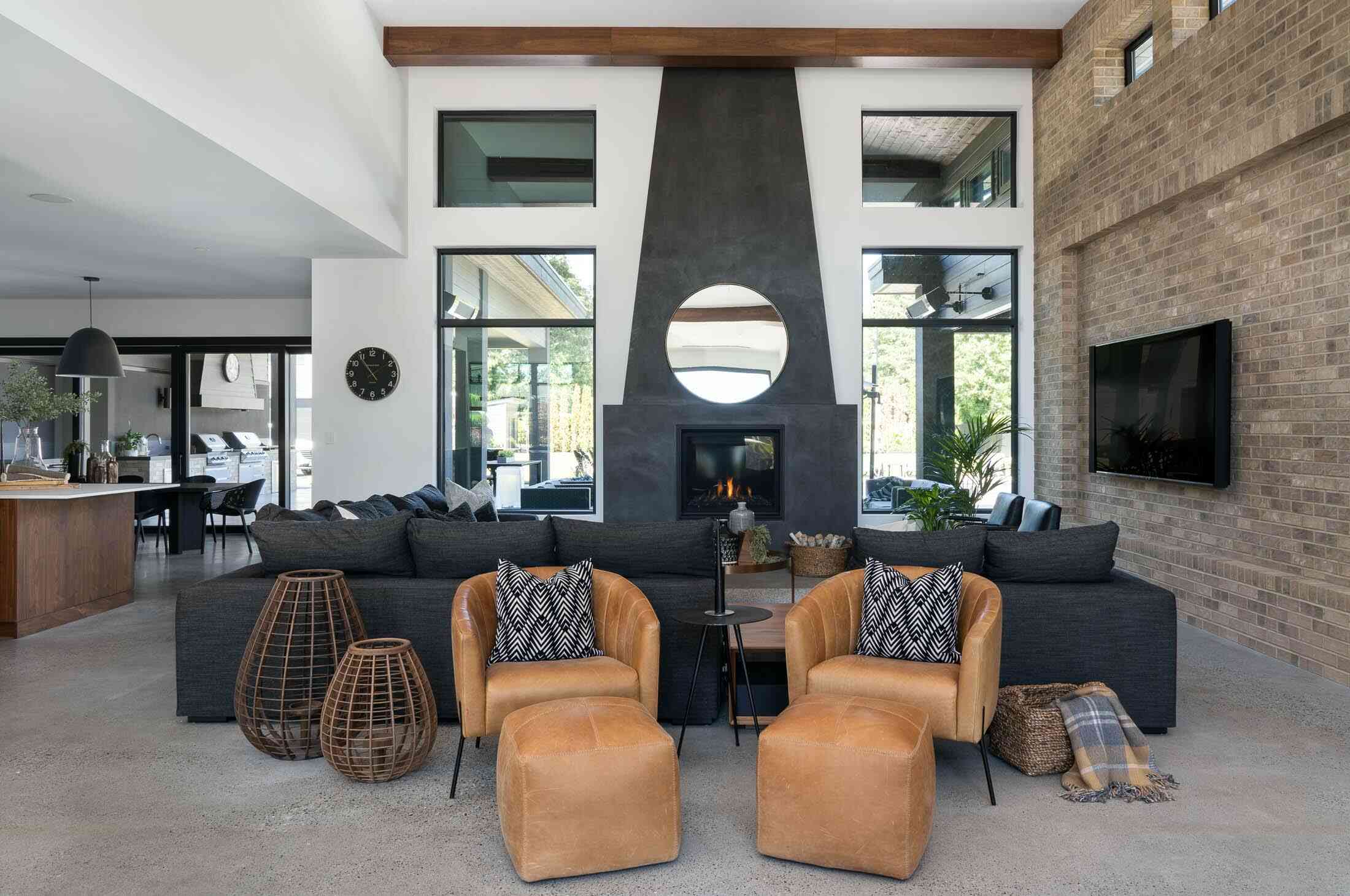 Modern great room with 2-story fireplace