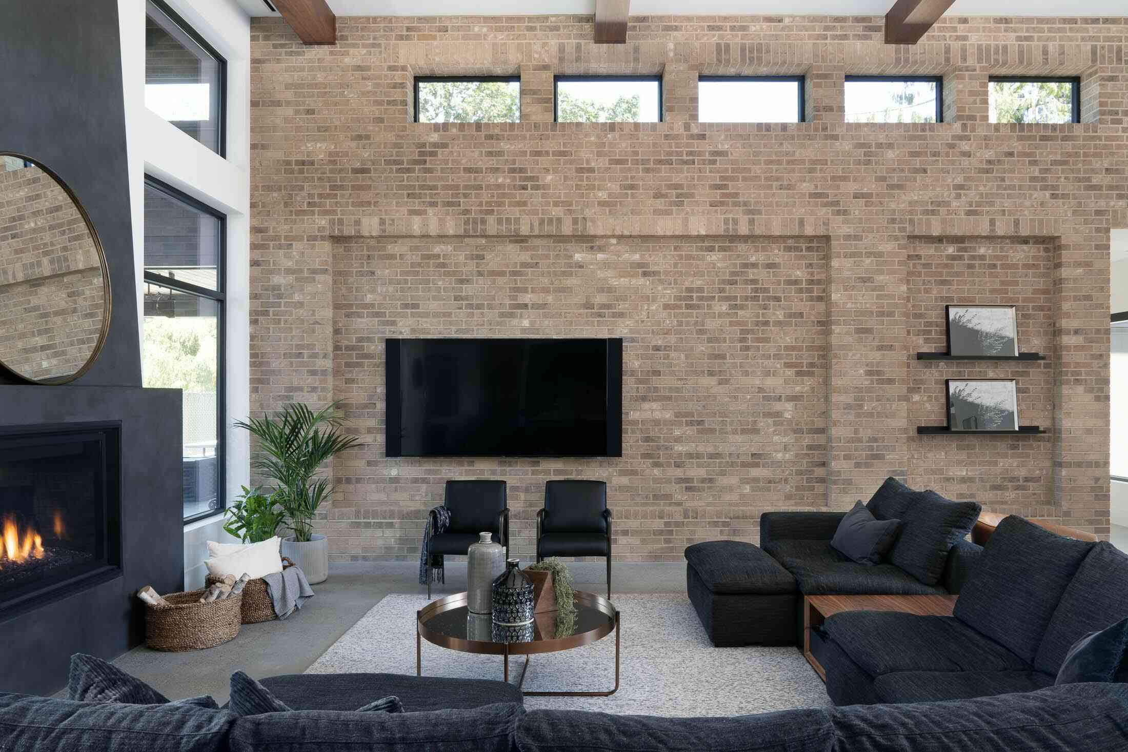 Great room with brick feature wall