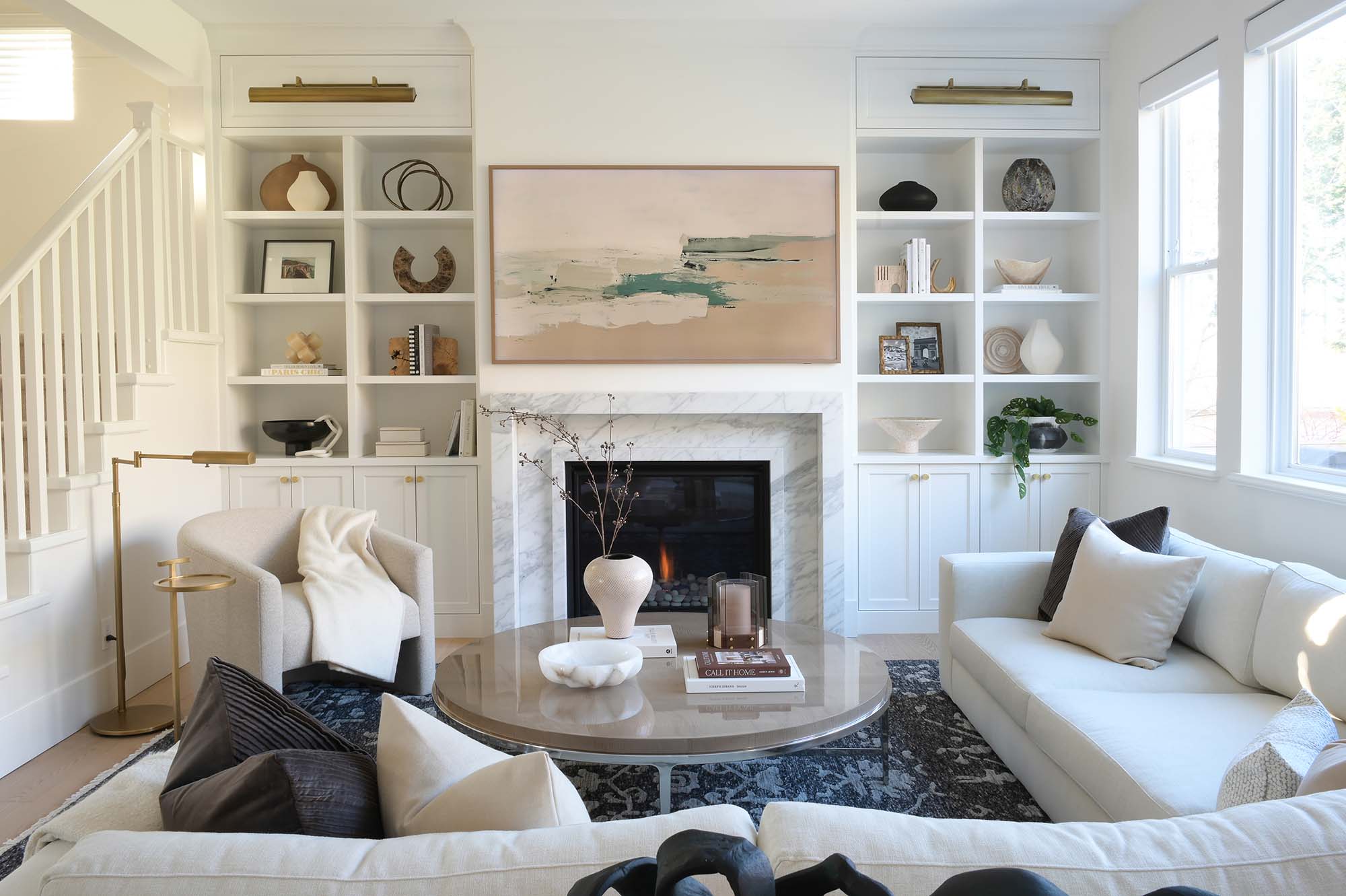 Living Room built-in fireplace renovation Novero Homes