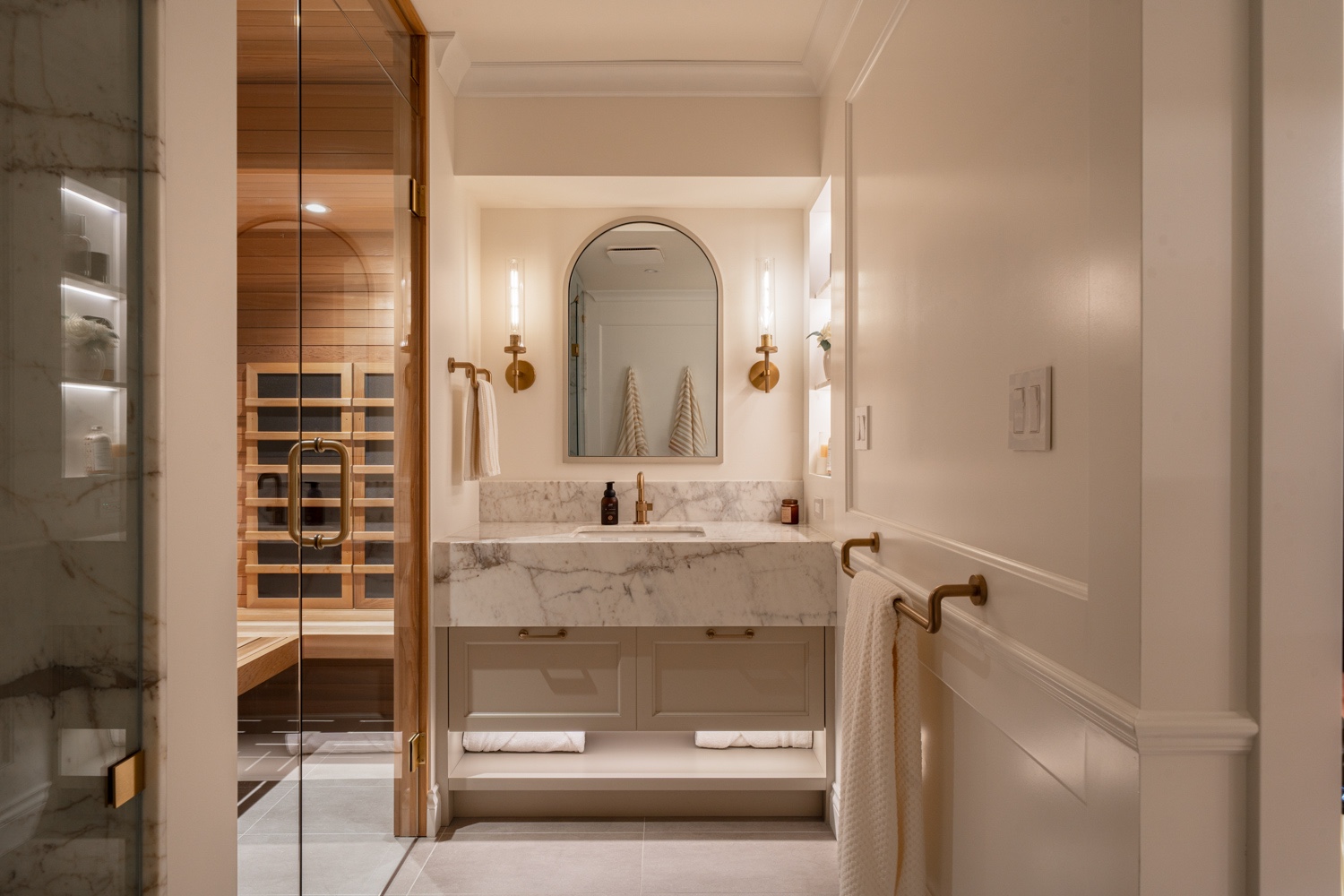 luxury bathroom with layered lighting