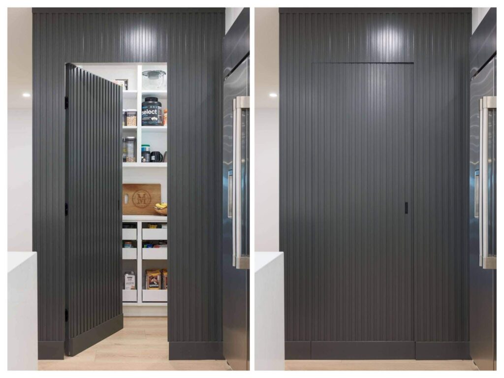hidden pantry with slatted wood door