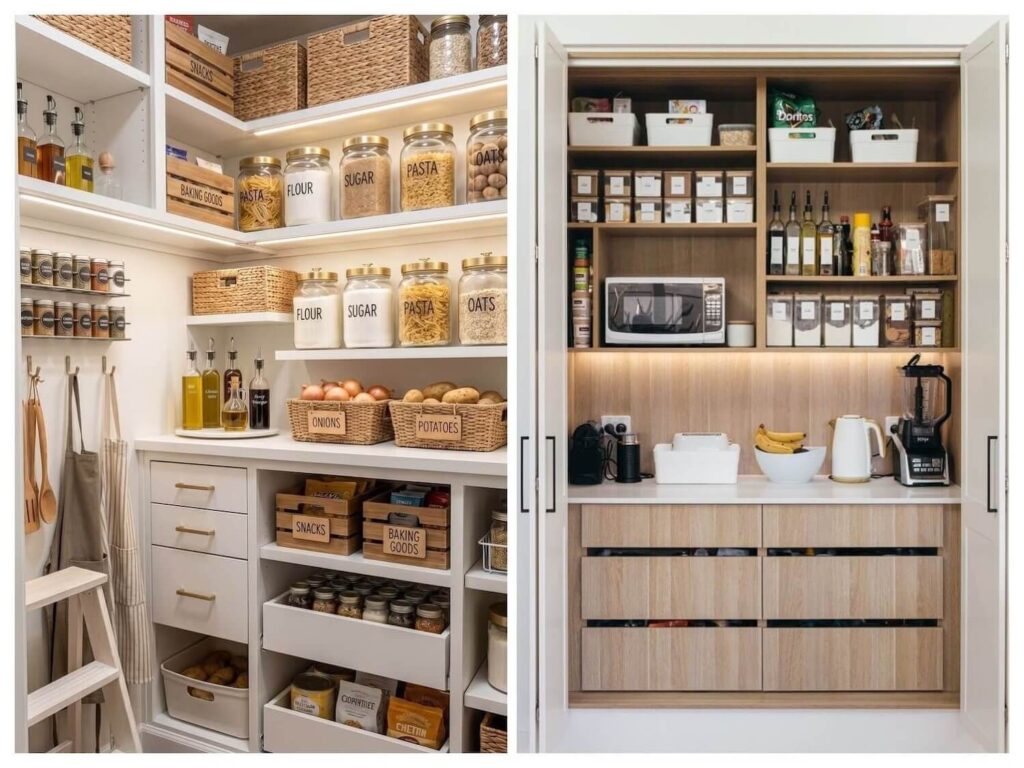 two different organized small pantries showing storage solutions, countertops, drawers and lighting