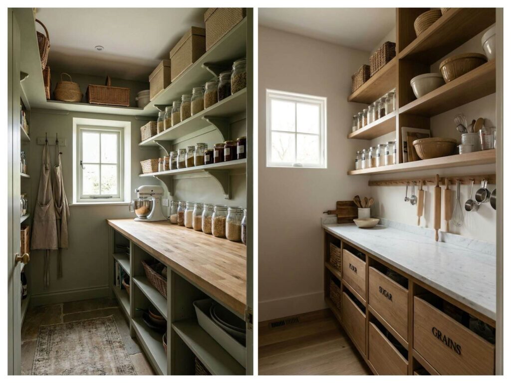 Walk-in pantries with countertop workspace